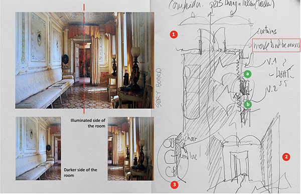 Image 4: Photograph of a corridor-space, and sketch of that space from photograph (2024) (author’s collection)